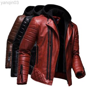 2022 Fashion Red Jacket Men Pu Leather Hoodie Personality Motorcycle Large Size Mens Clothing L220801