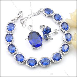 Other Jewelry Sets Luckyshine Bride Weddings 3 Pcs 925 Sier Necklace Oval Swiss Blue Topaz Pendantds Bracelet Stud Earrings Drop Delivery 20