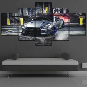 Silver Gtr Sports Car Drift 5 Pcs Canvas Picture Print Wall Art Canvas Painting Wall Decor for Living Room Poster No Framed