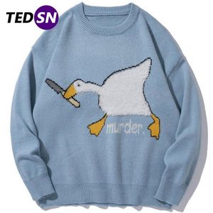 Tedsn cinayet kaz ördek erkekler örme kazak karikatür baskılı büyük boy jumper kazaklar kış unisex moda giyim harajuku 220725