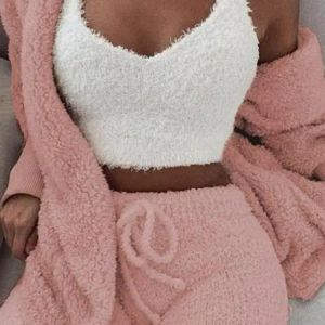 Kadın Eşofman Kış Peluş Gecelik Rahat 3 Parça Pijama Uzun Kollu Şort Spor Takım Elbise Kadın