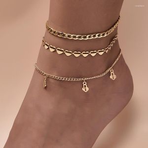 Ankletter 3 st/set mode strandguld färg kärlek hjärtnyckel lås för kvinnor trendig fotkedja ankel armband smycken gåvor roya22