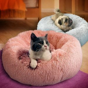 Långt plysch Super Soft Pet Bed Kennel Dog Round Cat Winter Warm Sleeping Bag Puppy Cushion Mat Portable Cat Supplies 201124