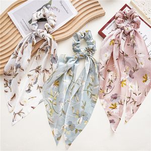 Fashion Flower Print Long Ribbon Hairbands Satin Elastic Rubbers Bandos de borracha feminino Ponytail Helder Vintage Headwear Femme Hair Acessórios