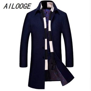 AILOOGE Moda Uomo Cappotto di lana Sciarpa Due pezzi Casual Cappotto lungo Uomo Cotone Inverno Slim Fit Cappotto Hombres Giacca LJ201109