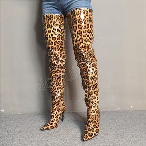 Mode Damen Schuhe Winter Spitz Stilettos Overknee High Heels Reißverschluss Sexy Elegante Damen Stiefel Leopard Oberschenkel Hohe Stiefel