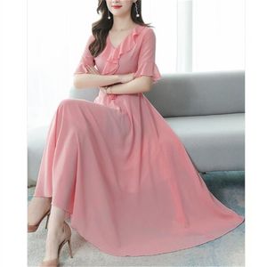 فستان الشيفون الكوري الصيف الجديد الموضة V-الرقبة الأكمام الازدح
