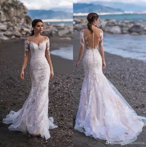2022SHEER MANEIRA LONGA LACE Mermaid Beach Vestidos de noiva Jeia Apliques de pescoço Ilusão Trem vestidos de noiva Dubai com botões BC22299