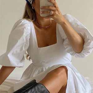 Nedeins Women Summer Dress Summer Fashion White Elegant Puff Sleeve Backless Party Beach Dress Vacation Casual Mini Dress 220513