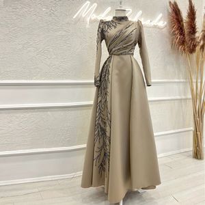 Modern satin muslimsk prom klänningar pärlstav ankel längd party gwon pärlstav islamisk hijab hög hals saudiarabiska dubai kaftan kläder de soirees