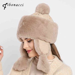 Winter Bomber Hats For Women s Knit Plush Fur Hat Windproof Earflap Trapper Snow Ski Caps Protect Russian Ushanka Cap T220805