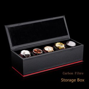 5 Slots Carbon Fiber Watch Box Organizer Black Case Storage Men's Display Gift 220428