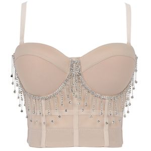 Women Camisole Top Diamond Crystal Tassels Solid Color Sexy Cropped Push Up Bustier Bra Night Club Party Tank 220316