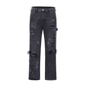 Rippade nödställda hål frayed streetwear mens denim byxor retro harjuku målade bläck stänk raka baggy casual jeans byxor t220803