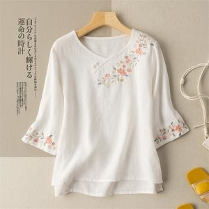 Plus size vintage bordado algodão t-shirt mulheres verão v-pescoço solto casual estilo chinês fivela top feminino tee m-4xl 220408