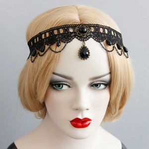 Lolita Black Lace Headband with Pearls Gothic Style Gemstone & Bronze Chain Tassel Lace Headbands Halloween Costume Accessories