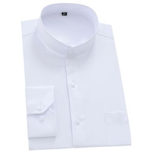 Mandarin Bussiness Formal Shirts for Men Chinease Stand Collar Solid Plain White Dress Shirt Regular Fit Long Sleeve Male Tops 220401