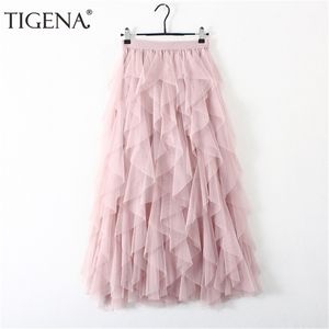 TIGENA Fashion Tutu Tulle Skirt Women Long Maxi 2020 Korean Cute Pink High Waist Pleated Female School Sun spodnica LJ200820