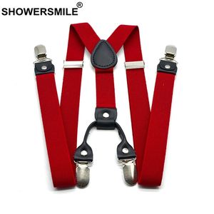 ShowerSmile Red Suspenders Men Classic Pants Strap Y Back 120cm Casual Retro Trouser Busch 4 Clips Elastic Male Suspender Belt 220526