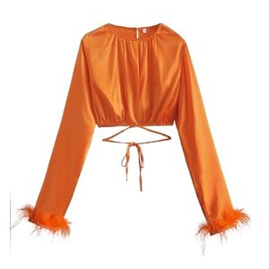 オレンジブラウス長袖の羽のY2Kの服シックな女性Tシャツの腰のつながりトップ女性トップスセクシーな袖Tシャツパーティー220402
