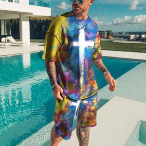 Herrspårar Summer Men's Casual T-shirt Shorts Set Splatters Colorful Paint Stains Mönster 3D Tryck på kort hylsa 2-delade Setmen ''