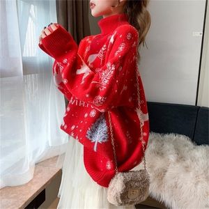 Autumn and Winter Loose Wearing Retro Hong Kong Flavor Wear Christmas Super Fairy Turtleneck Pullover Tröja Kvinnor Lazy Trend 201223