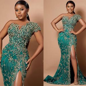 Wholesale prom dresses for summer for sale - Group buy 2022 Plus Size Arabic Aso Ebi Hunter Green Mermaid Prom Dresses Lace Beaded High Split Evening Formal Party Second Reception Gowns Dress B0513
