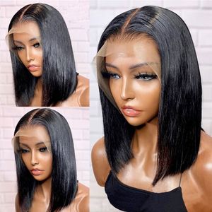 14 Inches Straight Synthetic Lace Front Wig 13x4 Lace Frontal Simulation Human Hair Wigs Black Perreques HQ502