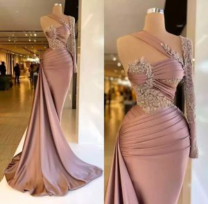 Gorgeous One Shoulder Satin Mermaid Evening Dresses Long Sleeve Appliques Beaded Ruched Women Evening Pageant Prom Gowns Custom Made