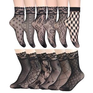 Meias Hosiery Vintage Lace Ladies Summer Floral Mesh elástico transparente tornozelo curto lolita Mulheres vestem fêmeas pretas de pesca preta