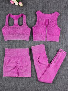 Yoga-Outfit Damen-Trainingsanzug, Sportbekleidung, nahtloses Sport-Set, gerippt, gewaschen, zweiteilige Damen-Fitnessstudio-Kleidung, Yoga