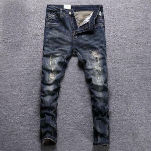 Men's Jeans Italian Style Fashion Men Retro Black Blue Elastic Slim Fit Ripped Embroidery Designer Casual Cotton Denim Pants