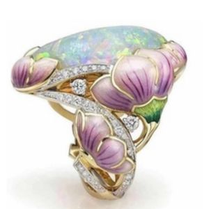 Novo estilo Franc Opal Painted Stones Anéis Europeu e Americano Decorações de Partes de Flores Americanas por atacado