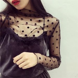 Mulheres sexy Manga longa Veja através de camisas Mesh Mesh Sheer Clubwear Camisa Night Tops Fashion Black Brancy Tam camiseta Top 220518