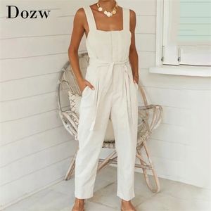 Women Casual Solid Full Length Jumpsuit Sleeveless Office Wear Cargo Pants With Belt Pockets Fashion Jump Suit Summer 210515