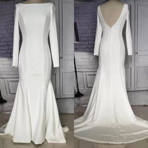 Plus Größe afrikanische Meerjungfrau Brautkleider Brautkleid Satin Scoop Hals Langarmes Custom Made Vestidos 2022 abgedeckte Knöpfe Rücken