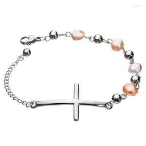 Цепочка ссылки 10 штук оптовой титановой сталь Rolo Pearls Cross Bracelets для женщин очарование ювелирных изделий