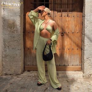 Claceive Sexy Green Blue Crop Top 3 Piece Pants Set Women Fashion Wide Trouser Suits Female Loose High midjebyxor Set 220511