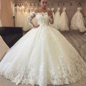 Vestido de Noiva Romantiska blommor Lace Ball Gown Bröllopsklänningar Långärmade Axel Brudklänningar Robe Marie