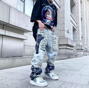 Mäns jeans high street tvättkniv klipper förstörelse lappar rippade hål skarvning jeans män kvinnors byxor hip-hop raka lösa tiggare byxor