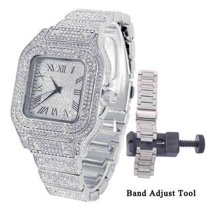 Iced Out Square Men Watch Luxury Diamond Hip Hop Watch Fashion Unltra Thin Wristwatch Watch Band Link Adjust Slit Strap