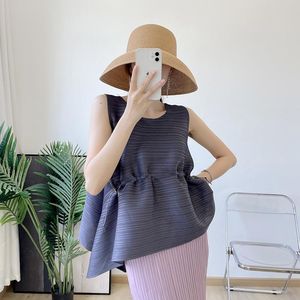 Kvinnors tankar Camis Miyake Pleated Drawstring Vest Women 2022 Summer Style Pink Liten Top Slant Loose Large Size Korean Fashion Clothin