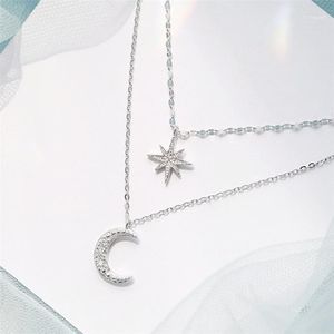 Pendanthalsband Sole Memory Diamond Shining Star Moon Double Layer Silver Color Clavicle Chain Female Necklace Sne604 Heal22