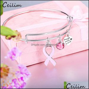 Bangle Bracelets Jewelry New Ribbon Breast Cancer Awareness Survivor Charm Bracelet Expandable Wire Courage Hope Gift For Women Wholesale Dr