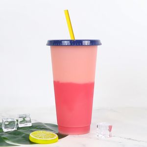 Water Bottles pp temperature-sensitive color-changing cup hot and cold plastic straw cup coffee plastic700ml