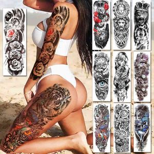 NXY Tymczasowy Tatuaż Sexy Długie Full Arm Rose Clock S Dla Mężczyzn Kobiety Tatoo Body Nogi Sztuki Makijaż Duży Tygrys Fałszywy Naklejki 0330