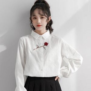 女性のブラウスシャツ刺繍ローズホワイトシャツ2022春秋の女性長袖
