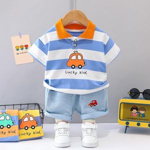 Giyim Setleri Toddler Boy Giyim Çocuklar Moda Yaz Stripes Kavaş Karikatür Sevimli Araba Kısa Kollu Spor Şortu 2 Parçalı Set 1 2 3 4 Yıllık