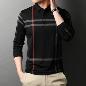 ハイエンドデザイナーファッションブランドポロシャツメンブラックストライプ韓国最高品質カジュアル長袖トップメンズ服220329