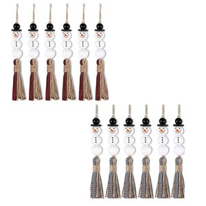 Dekorativa föremål Figurer PCS Snowman Wood Bead Garland Christmas Tree Ornaments Farmhouse Hanging Plaid TasseldeCorative